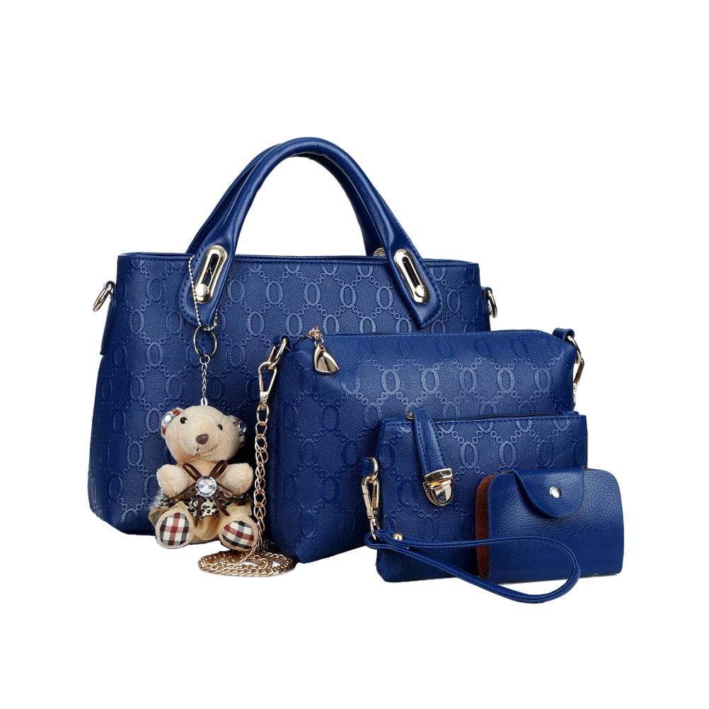 4Pcs Women Bags Set Luxury Elegant Bear Hanging Charms PU Handbag