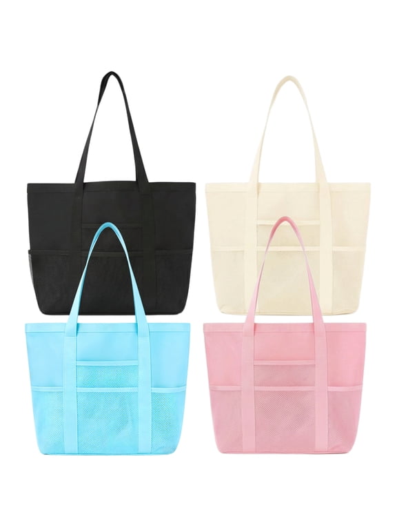 4Pcs Women Beach Tote Bag with Zipper Mesh Pockets, Large Capacity for Pool Travel Cruise Vacation, Black Beige Pink Blue