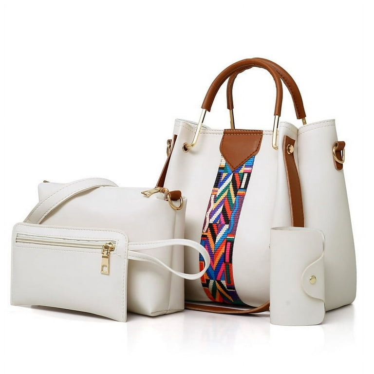 4Pcs Women Fashion Handbags Wallet Tote Bag Shoulder Bag Top Handle Satchel  Purse Set (White)