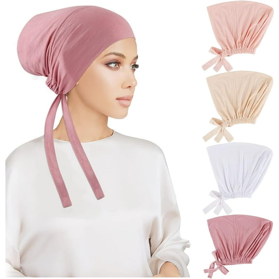 4Pcs Women Hijab Undercap, Muslim Under Hijab Cap Inner Under Scarf Hat Hijab Cap with Tie Back Closure