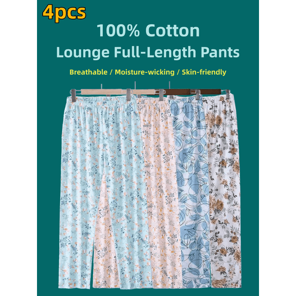 4Pcs Women's Small Floral Print Light Cotton Pajama Pants - 100% Cotton, Breathable, Sweat-Absorbent, Skin-Friendly, Color-Block Lounge Trousers - All-Season