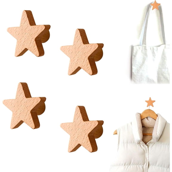 4Pcs Wood Adhesive Hooks Wall Mounted Natural Beech Wooden Coat Wall Hooks, Entryway Heavy Duty Modern Single Organizer Towel Hooks Hangers, Creativity Decorative Handmade Craft Hat Rack - Star shape