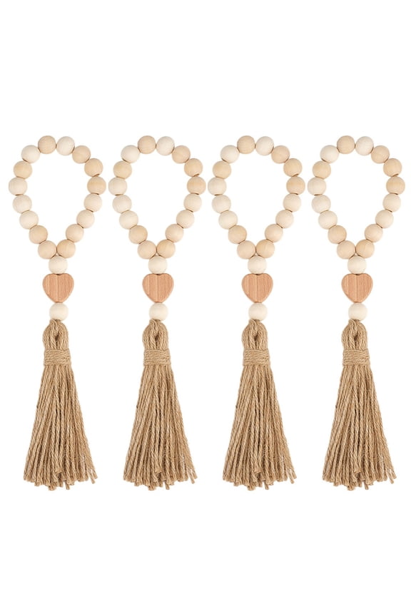 4Pcs Wood Beaded Pendant Decorations with Jute Tassel Pendants Wheat 300mm