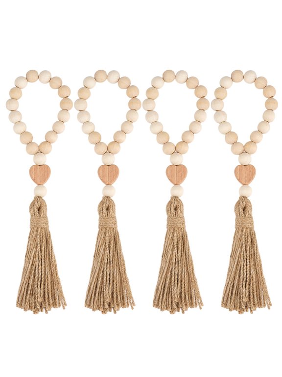 4Pcs Wood Beaded Pendant Decorations with Jute Tassel Pendants Wheat 300mm