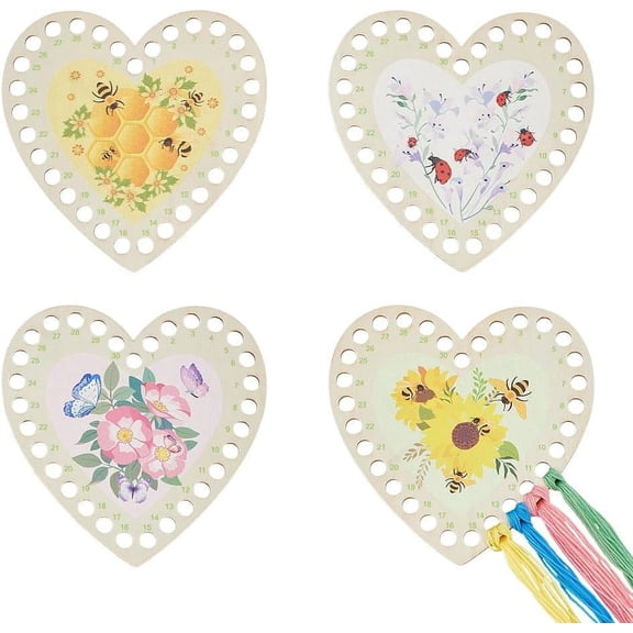 4Pcs Wood Embroidery Thread Plate Cross Stitch Threading Board Tools Heart with Flower Pattern Mixed Color 14.9x14.9x0.27cm Hole: 9mm