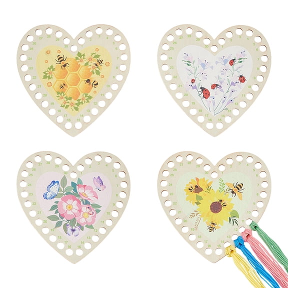 4Pcs Wood Embroidery Thread Plate Stitch Threading Board Tools Heart with Flower Pattern Mixed Color 14.9x14.9x0.27cm Hole: 9mm
