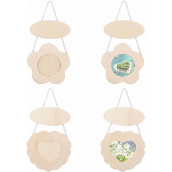 4Pcs Wood Hanging Photo Frame Unfinished Wood Picture Frame Flower Heart Wooden Frames Set Natural Wood DIY Photo Frame for Wall Display and Crafts DIY Painting Projects 1.4 inch Long for DIY