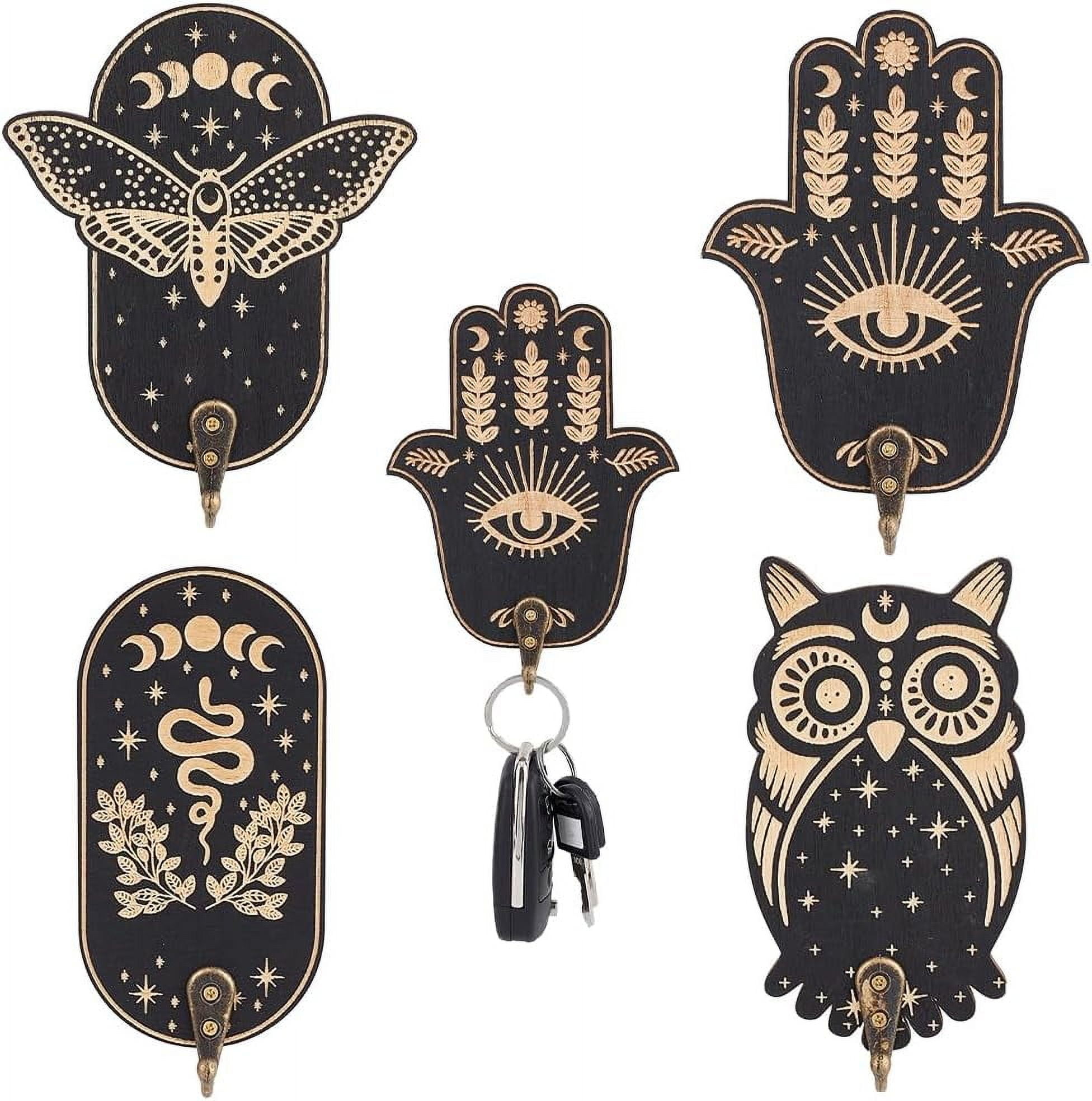 Moth Key Racks 4Pcs Wood Hooks Hamsa Hand Spiritual Witchy Key Holder Single Prong ...