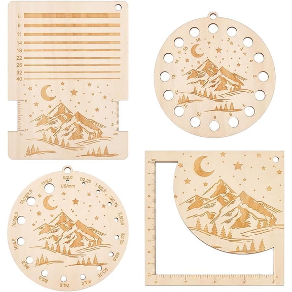4Pcs Wood Knitting Gauge Ruler with Stars Over Mountains Pattern Knitting Needle Gauge Measuring Tool Embroidery Floss Organizer Card Multifunctional Ruler