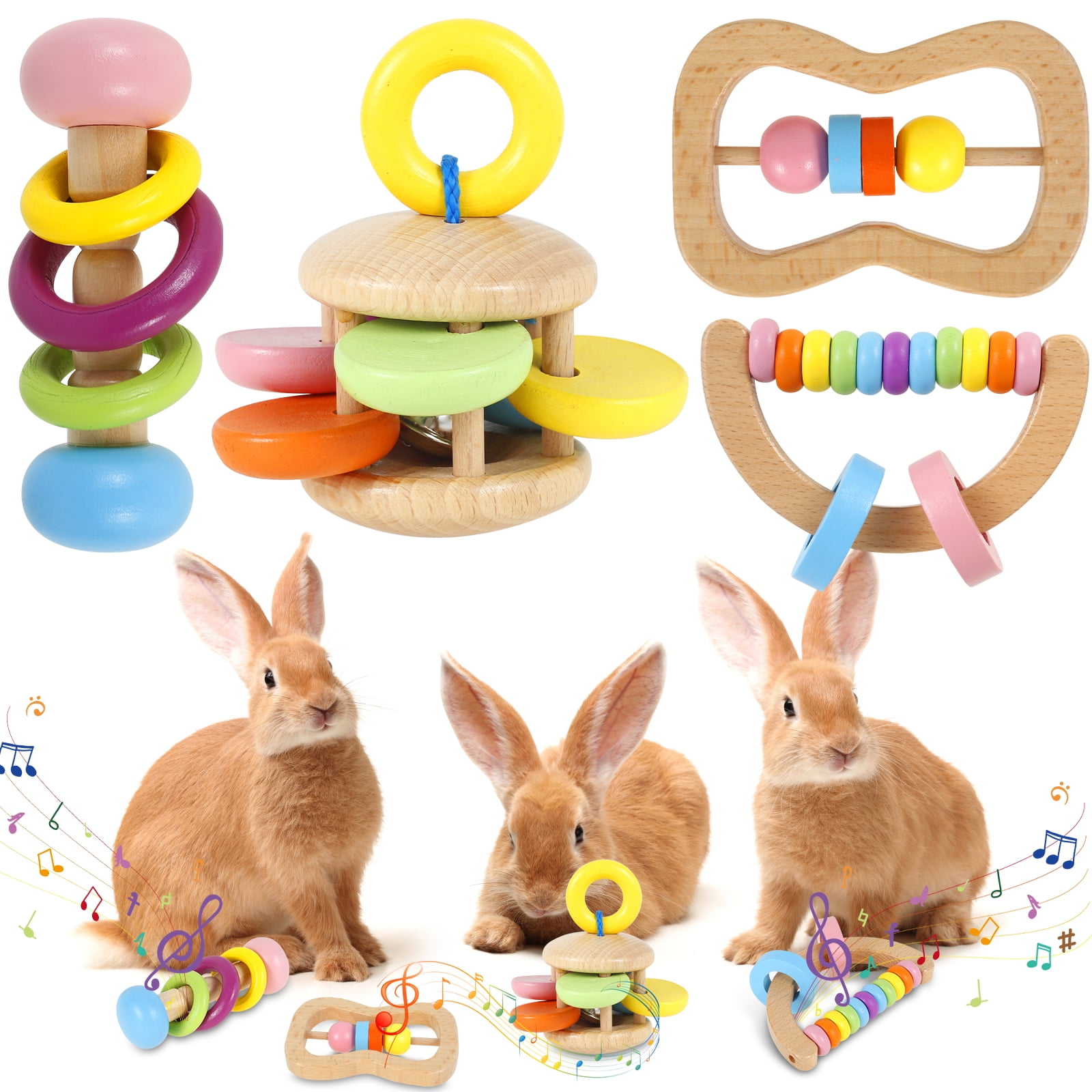 4Pcs Wooden Bunny Toy Safe Wood Rabbit Toy Interactive Rabbit Chew Toy ...