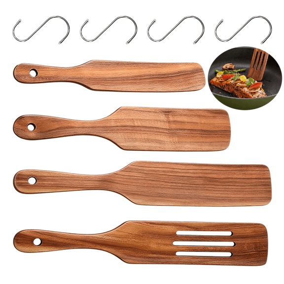 4Pcs Wooden Cooking Utensil Set, Wood Utensils for Cooking, Kitchen Utensils Set with Hooks