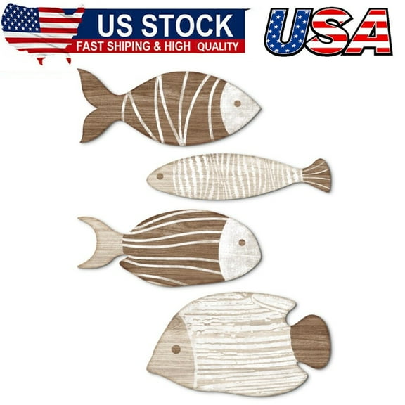 4Pcs Wooden Fish Wall Decor Beach Nautical Coastal Theme Fish Wall Sculpture Art