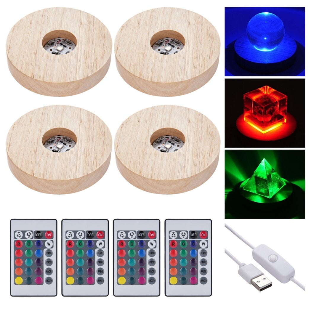 4Pcs Wooden Light Stand Bases, 3.9" Colorful LED Lights Display Bases with Remote Control, 16-Color Round Lighted Bases, Table Lamp Centerpieces for Crystal, Glass, Resin Art