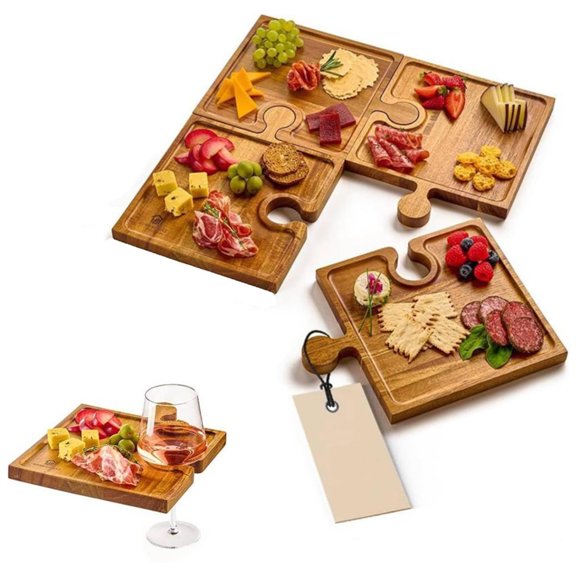 4Pcs Wooden Puzzle Charcuterie Board Interlocking Cheese Board & Appetizer Tray With Handles For Home Hosting Entertaining Party Birthday