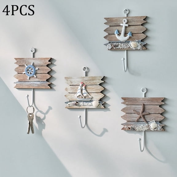 4Pcs Wooden Sailboat Wall Hooks for Hanging Coats, Hats, and Bags, Nautical Anchor Decor, Ocean-Inspired Home and Holiday Wall Decorations, Mediterranean and Summer Style