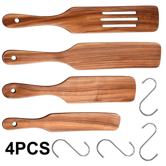 4Pcs Wooden Spurtle Set, Natural Wood Kitchen Utensils Set for Cooking, Stirring, Mixing, Serving, Heat Resistant Non-Stick, Wooden Spurtles for Cooking