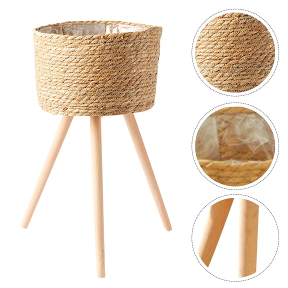 4Pcs Wooden Wicker Plant Stand Small Floor Basket Planter for Indoor Balcony Corner