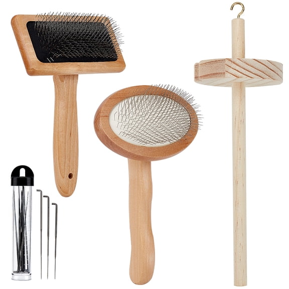 4Pcs Wooden Wool Carder Slicker Brush Wood Spinning Tool Felting Tool Kits with 12Pcs Craft Wool Needles DIY