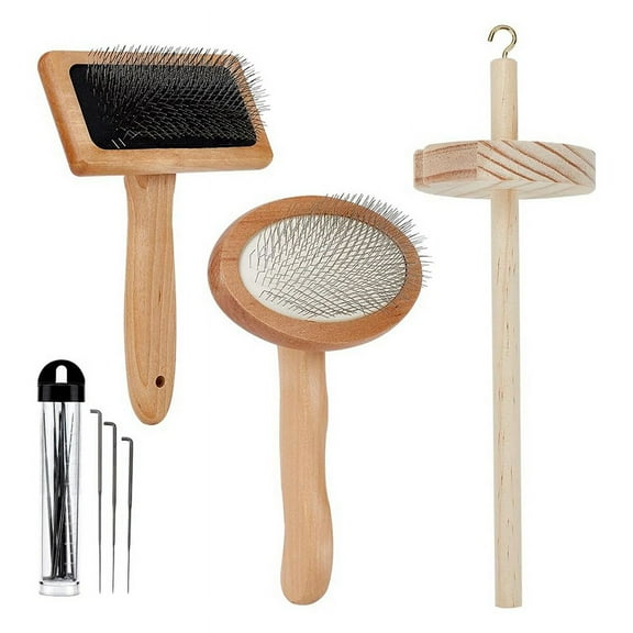 4Pcs Wooden Wool Carder,Slicker Brush Wood -Tool Felting Tool Kit with 12Pcs Craft Wool Needle for Yarn B