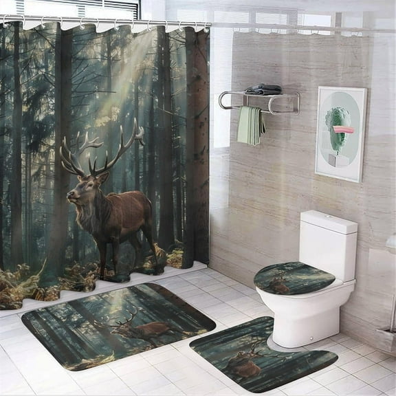 4Pcs Woodland Tree Animal Deer Shower Curtain, Wildlife Forest Landscape Shower Curtain Sets with Toilet Lid Cover, U-Shaped Mat and Non-Slip Rugs, Bathroom Decor Set, 72" x 72"