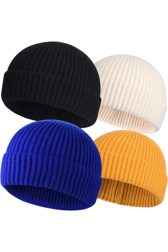 4Pcs Wool Fisherman Beanies for Men, Knit Short Watch Cap Winter Warm Hats
