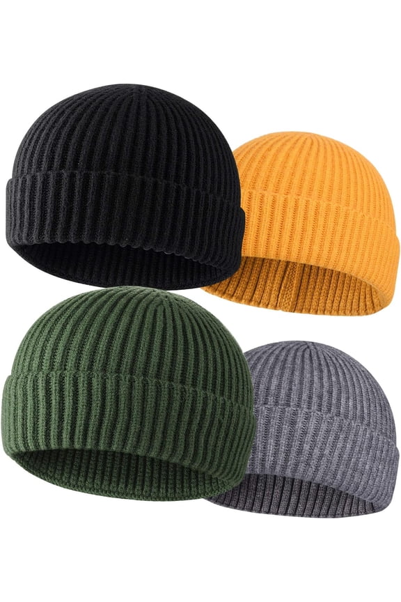 4Pcs Wool Fisherman Beanies for Men, Knit Short Watch Cap Winter Warm Hats