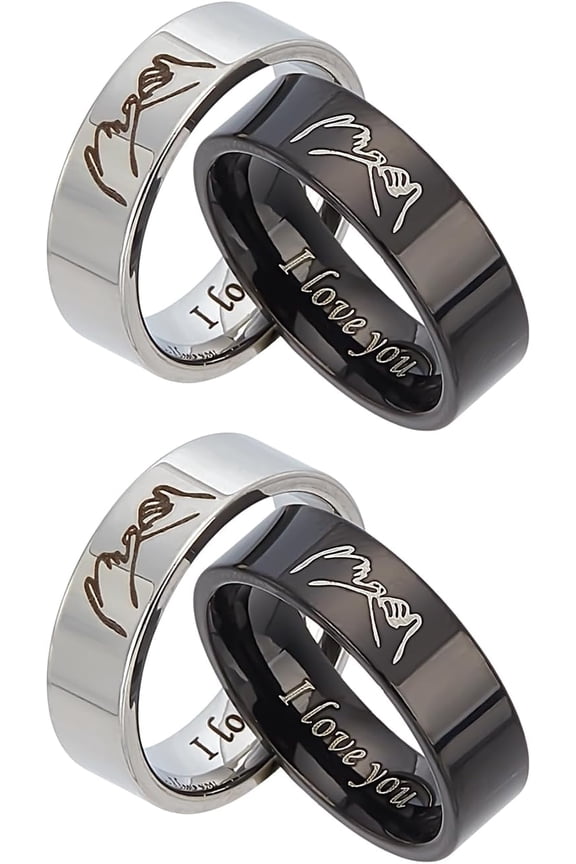 4Pcs Word I Love You Titanium Steel Couple Finger Rings Size 7 Classic Plain Lovers Couple Wedding Rings Wide Band Rings Real Love Promise Rings for Jewelry Gift Black Stainless Steel Color