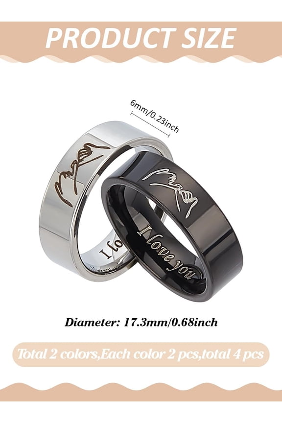 4Pcs Word I Love You Titanium Steel Couple Finger Rings US Size 7 Classic Plain Lovers Couple Wedding Rings Wide Band Rings Real Love Promise Rings for Jewelry Gift Black & Stainless Steel Color
