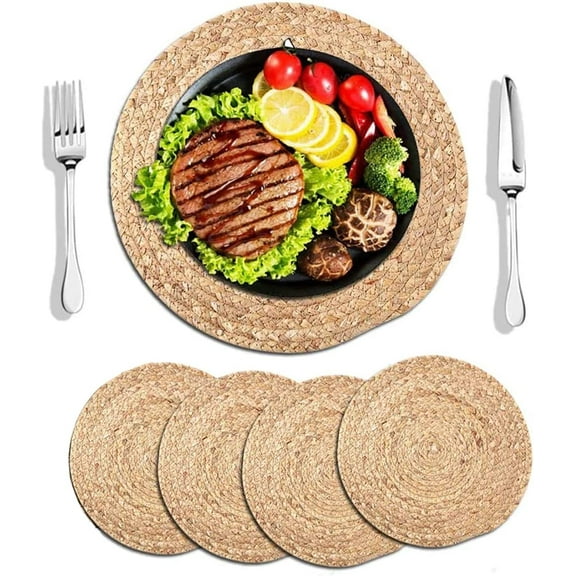 4Pcs Woven Placemats, Round Straw Braided Tablemats Natural Handmade Heat Resistant Non-Slip Potholder for Dining Table