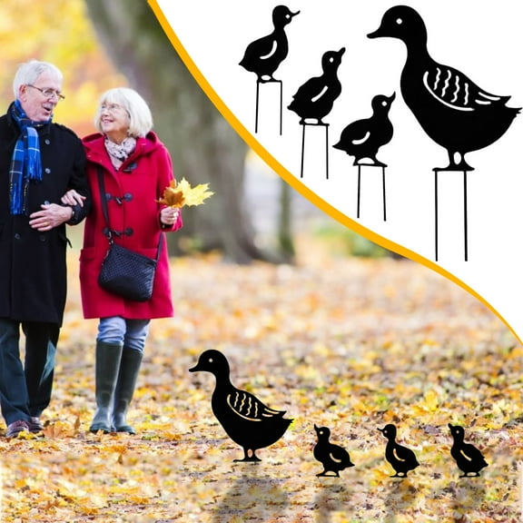 4Pcs Wrought Iron Duck Family Yard Deco, Metal Duck Silhouettes Decorative, Cute Animal Hollow Design Black Iron Art Duck Decoration, Animal Silhouette Garden Stake for Courtyard Lawn Garden