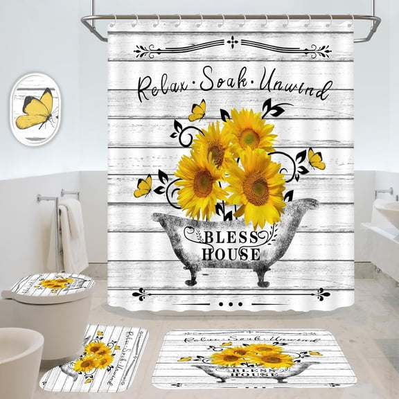4Pcs Yellow Sunflower Shower Curtain Set, Vintage Bathroom Curtain with Non-Slip Rug, Toilet Lid Cover, Bath Mat and 12 Hook, Rustic Farmhouse Butterfly Flower Relax Soak Unwind Bathtub Decor