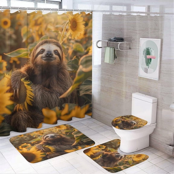 4Pcs Yellow Sunflower Sloth Shower Curtain Sets, Bathroom Decor Set with Rugs, Bath Mat Floral Animal Botanical Shower Curtain, 72 X 72 Inch