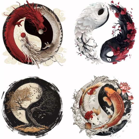 4Pcs Yin and Yang Heat Transfer Stickers Taiji Iron on Transfers Iron on Patches Stickers Washable Heat Transfer Paper Plastic