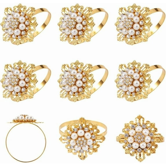 4Pcs Zinc Alloy Napkin Rings with Rhinestone and Resin Imitation Pearl Napkin Holder Adornment Restaurant Daily Accessiroes Flower Golden Inner Diameter 49mm DIY Making