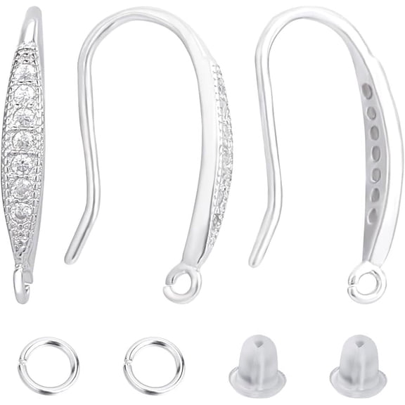 4Pcs Zirconia Earring Hooks Fishhook French Fish Hooks Ear Wires Findings 925 Sterling Silver Plated with Jump Rings Ear Nuts Connector for Dangle DIY Jewelry Making Craft Supplies 15x2.5mm
