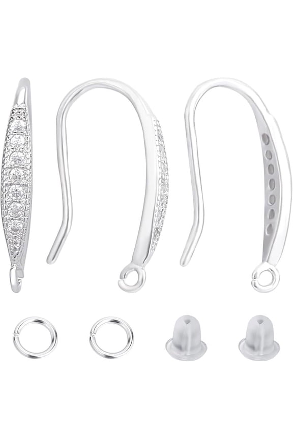 4Pcs Zirconia Earring Hooks Fishhook French Fish Hooks Ear Wires Findings 925 Sterling Silver Plated with Jump Rings Ear Nuts Connector for Dangle DIY Jewelry Making Craft Supplies 15x2.5mm
