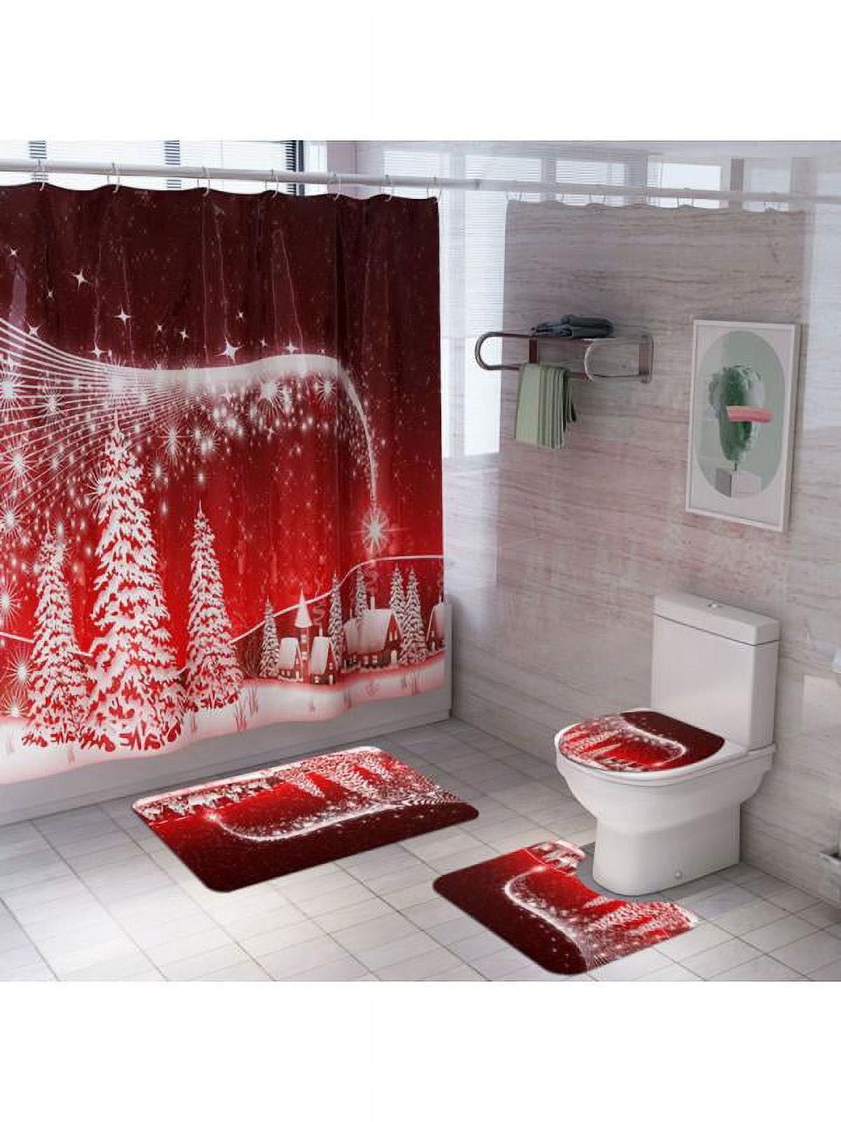 4Pcs/set Christmas Bathroom Rug Shower Curtain Bath mat Non Slip Toilet Seat Cover Pad