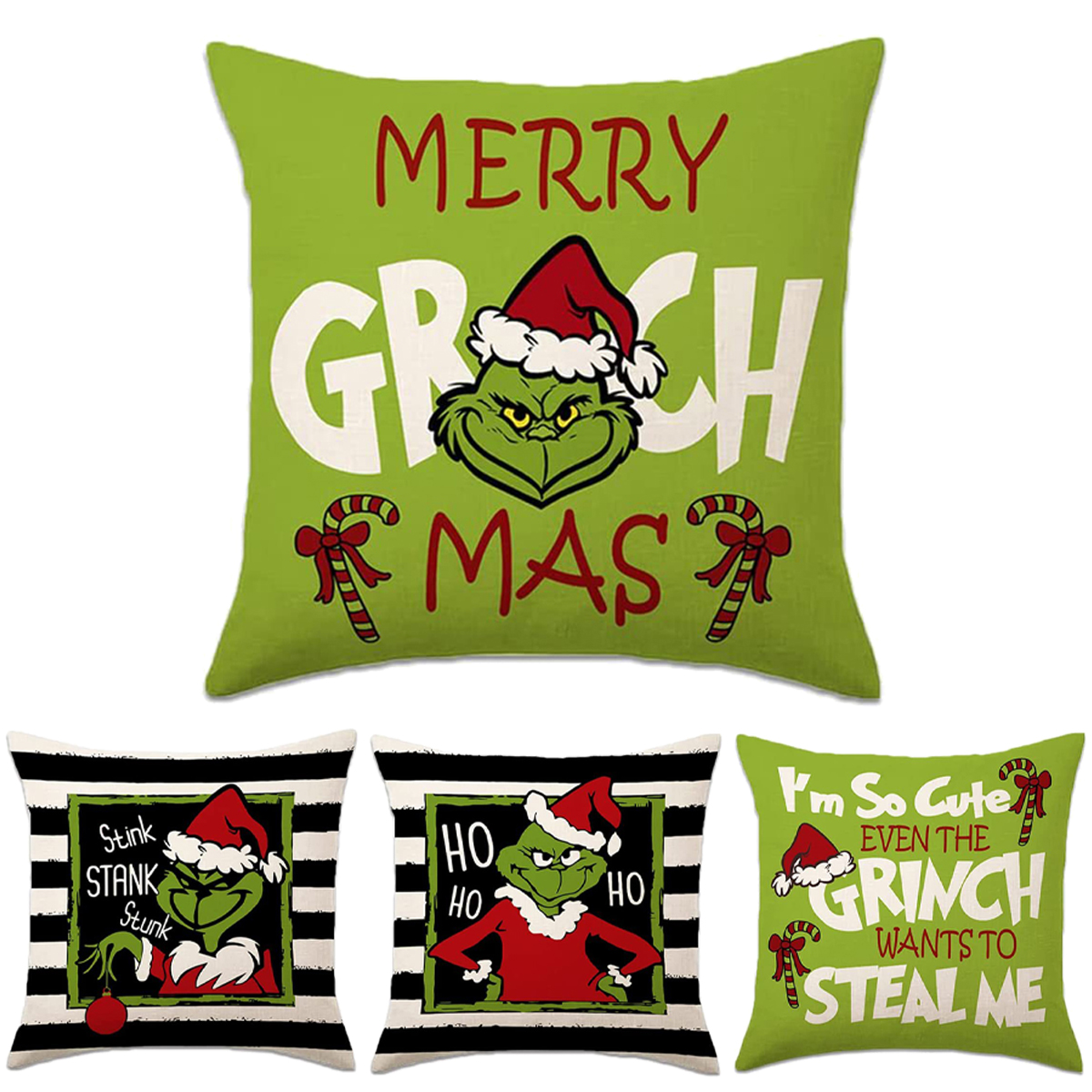 4Pcs/set Christmas Snowman Grinch Elk Pattern Linen Cushion Cover Decor