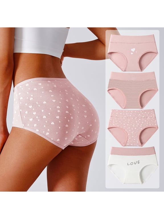 4Pcs women's underwear pink heart-shaped briefs breathable and comfortable plus-size underwear for women back to school season recommended for college students