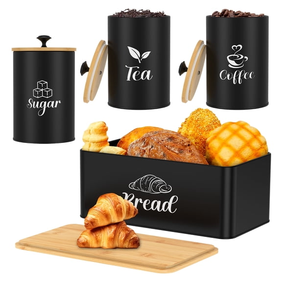 4Piece Bread Box Set with Bamboo Lid, Smooth Metal Bread Bin – Includes 3 Canisters for Coffee, Tea & Sugar, for Home Kitchen Countertop
