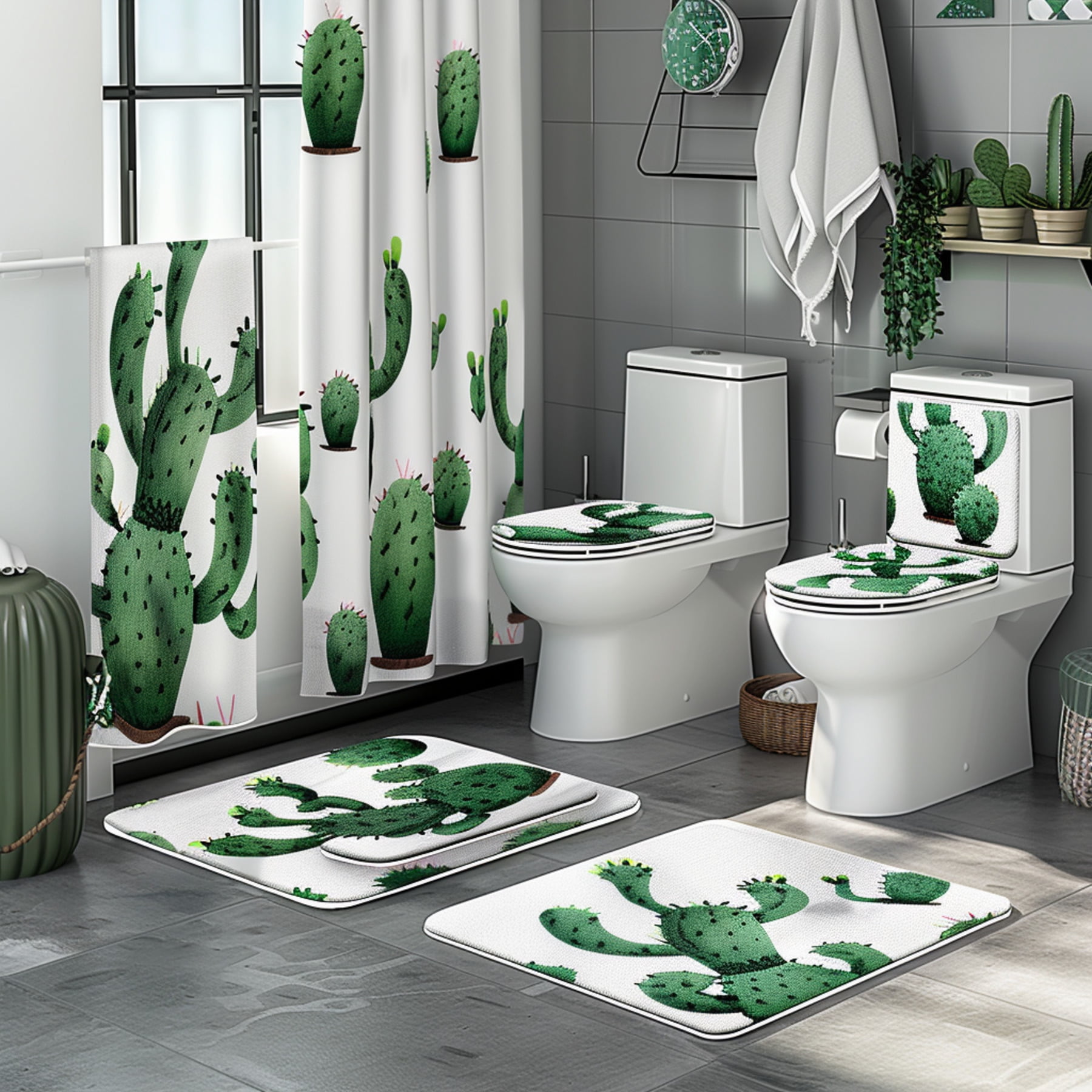 4Piece Cactus Print Bathroom Set: Dark Green & White Cartoon Style ...