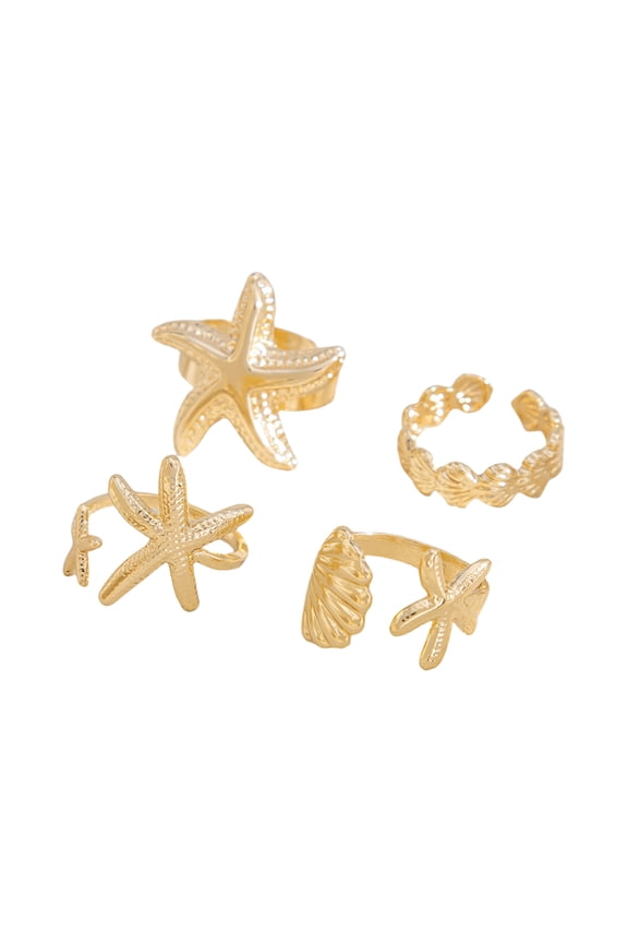 4Piece Modern Marine Jewelry Adjustable Open Rings Set Geometric Shell Design for Women Hot Day Alloy Beach Accessories