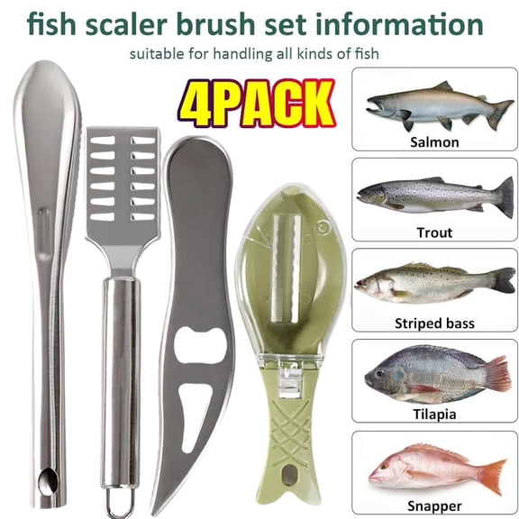 4Pieces Fish Scaler Remover, Fish Scaler Brush, Stainless Steel Fish Cleaning Kit Fish Scaler Fish Skin Graters Cleaning Peeler Scaler Scraper for Kitchen Fish Scales Removing Peeling