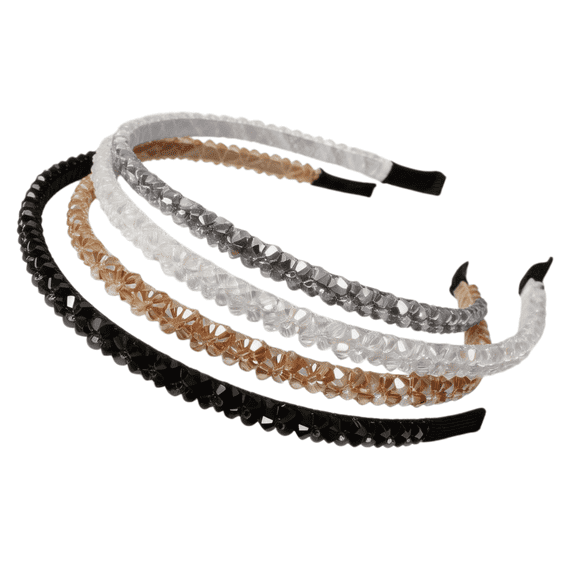 4Pk Crystal Rhinestone Headbands for Women Girls Sparkly Double Row Beaded Hair Bands Clear Black Weave Narrow Hoops Fashion Hair Accessories