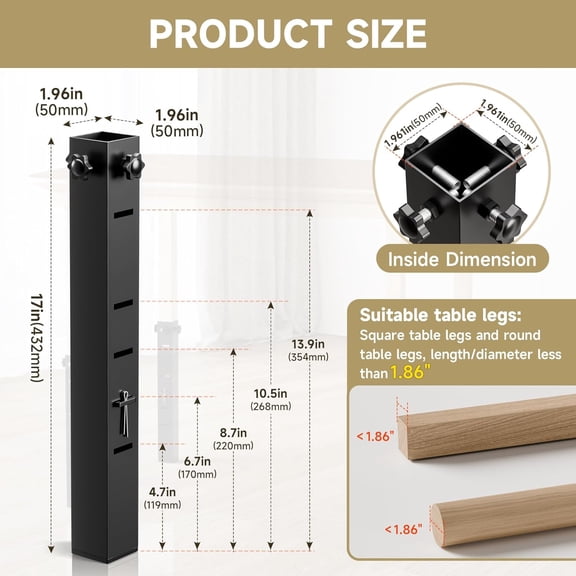 4Pk Square Folding Table Extender - 5 Level Adjustable Folding Table Leg Extensions, Steel Tables Leg Risers for Card/Dining Tables- Innner Diameter 1.86"
