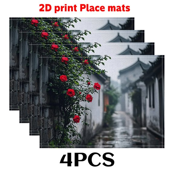 of 4Placemats Featuring Roses in The Rain with a 2D Print of a Rainy Scene in an Old Town, Measuring 12X18 Inches - A Easy Table Cover Ideal for Minimalist Home Decoration And Contemporary Kitchens