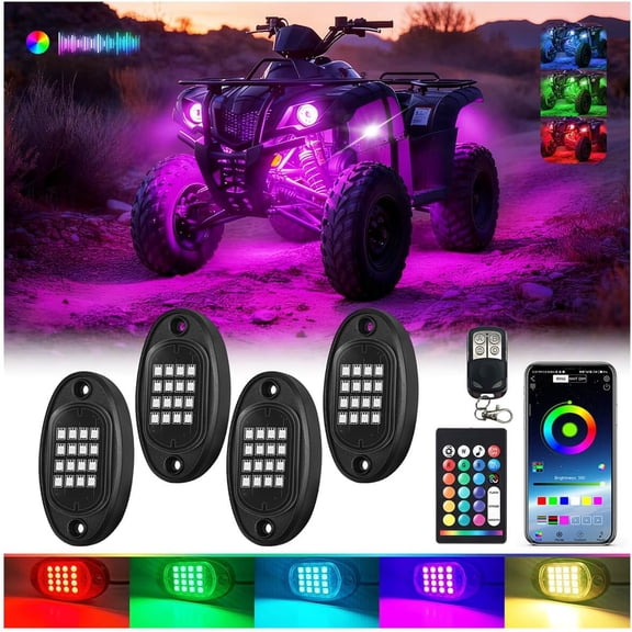 4Pods Segmented Rock Lights Kit for ATV UTV 4 Wheeler Can-Am SXS RZR Side By Side Offroad Golf Cart with APP/RF Remote, Multicolor Bright Underglow Light Music 12V Underbody