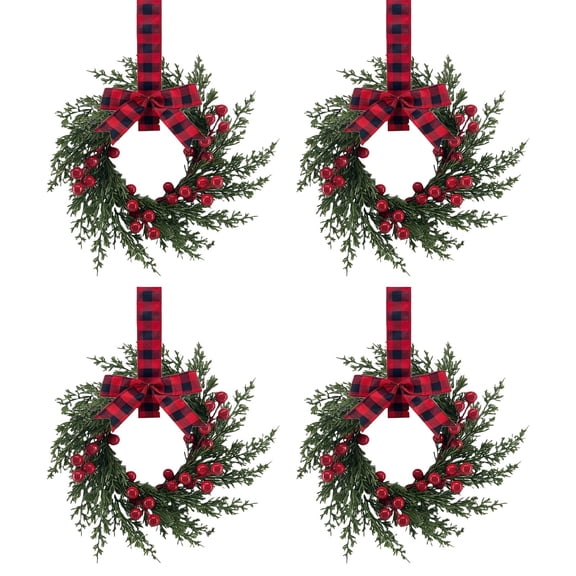 4Ps Christmas Wreaths for Front Door,10 inch Artificial Small Wreaths with Velvet Bow & Red Berries for Cabinets,Kitchen,Window,Farmhouse Wall Xmas Decor