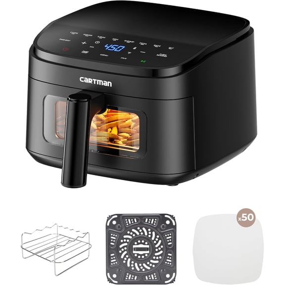 4QT Compact Air Fryer, Ultra-Flat 6.7" Height Small Airfryer, Adjustable Airflow Design, Viewing Window, Up to 450, 7 Presets Touchscreen, Portable Air Fryer, Black