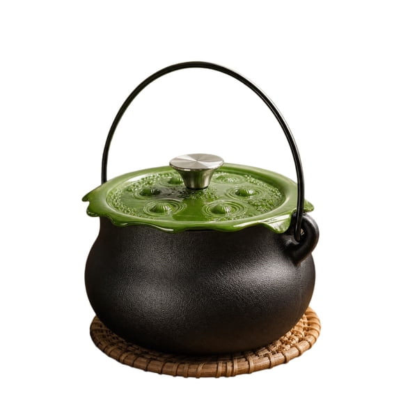 4QT Pre Seasoned Cast Iron Cauldron Pot, Witch Cauldron Cooking Pot with Green Bubbling Lid and Handle, Halloween Cookware for Soup Stew Stovetop Oven Kitchen Decor